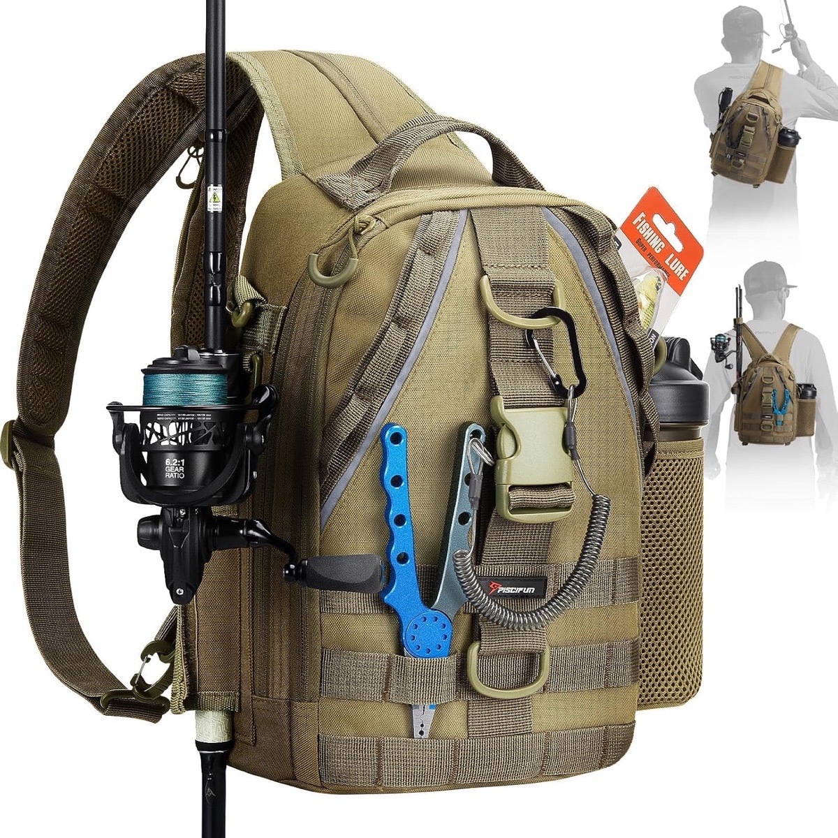 Piscifun Lightweight Fishing Sling Bag with 2 Rod Holders (Standard, Khaki)
