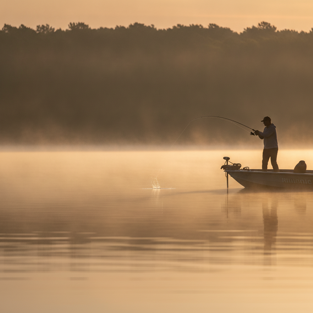 Angler casting for bass on a calm lake at dawn
