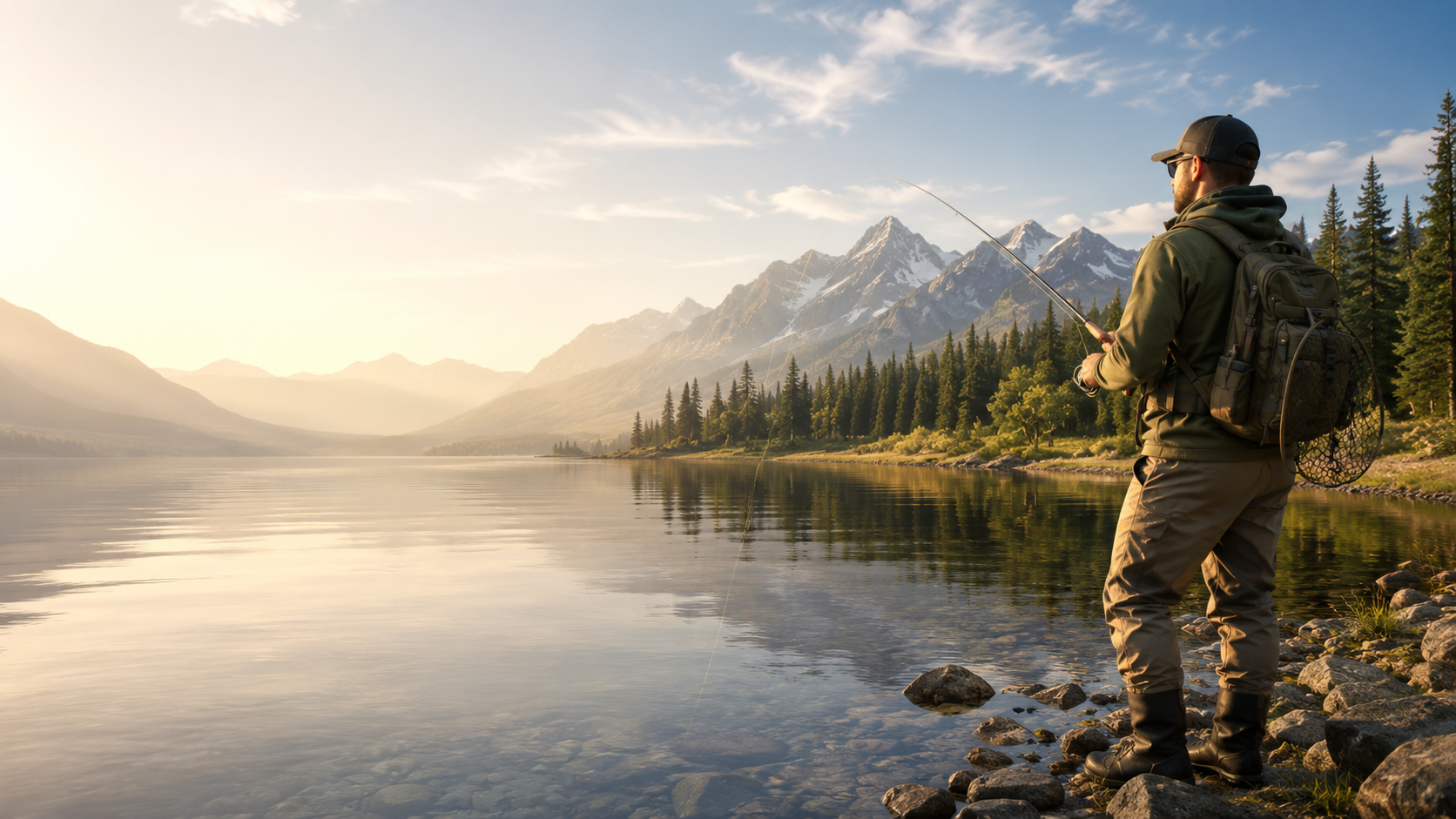 Fly fisherman casting on a calm mountain lake at sunrise