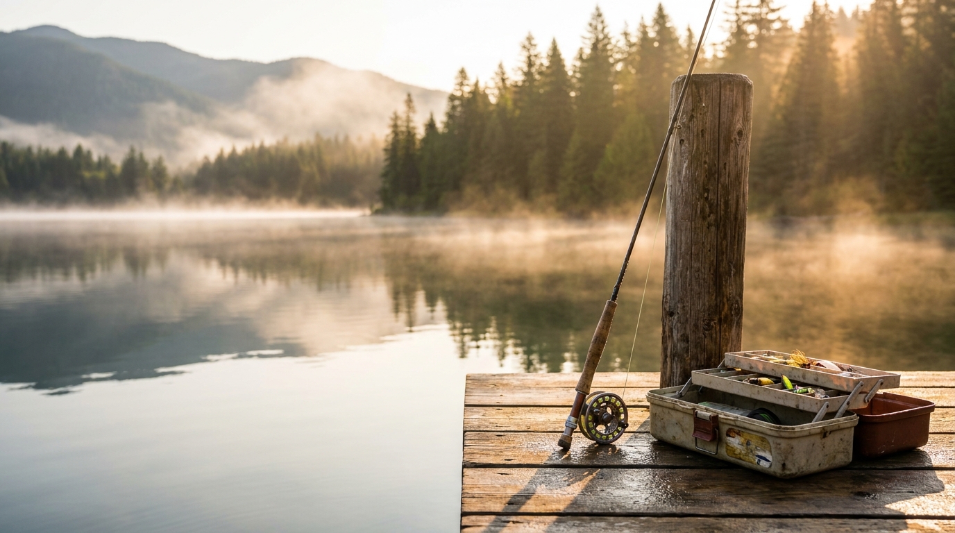 Fishing rod, reel, and a tackle box of lures on a dock at a misty mountain lake at sunrise — Tom's Fishing gear guides